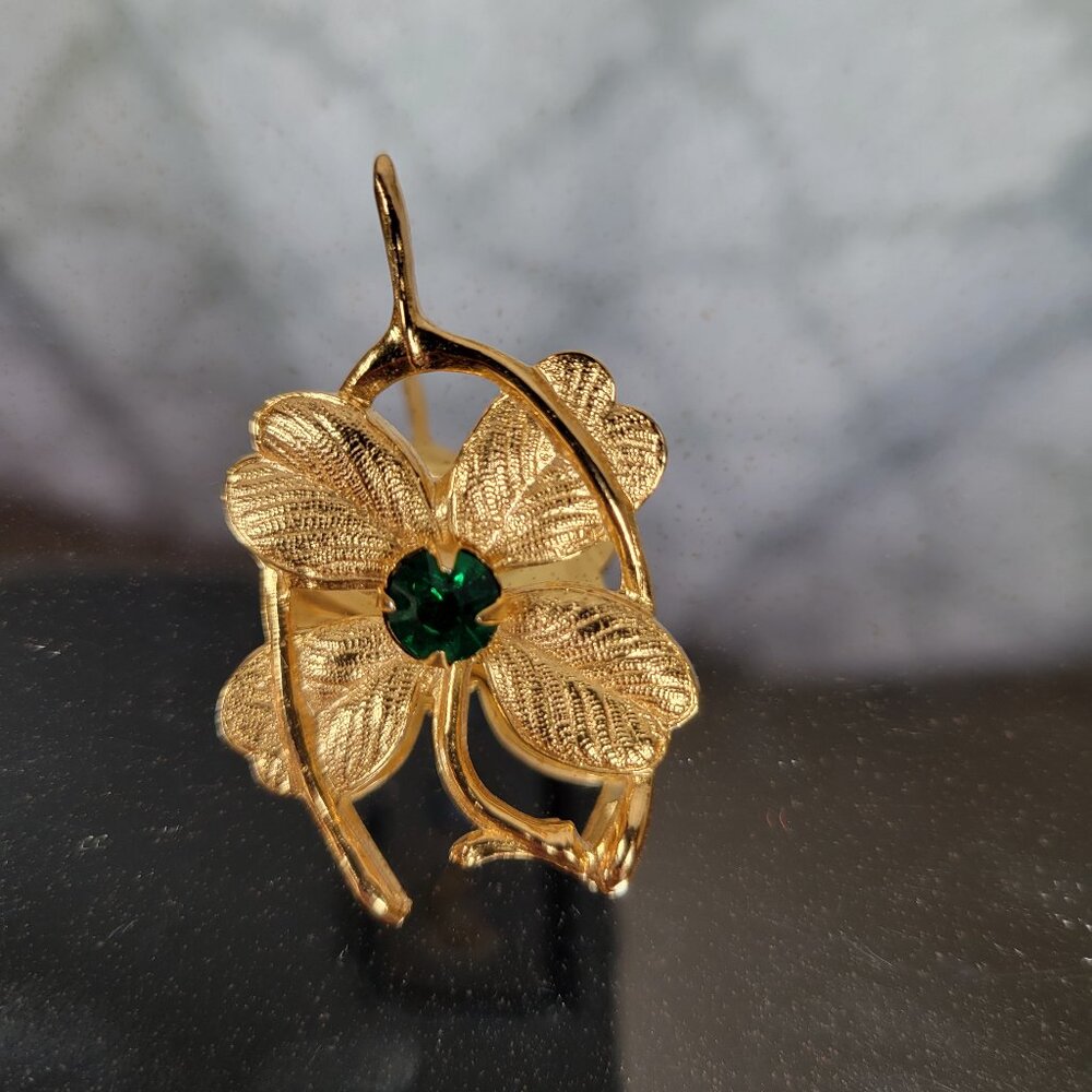Vintage Brooch Four Leaf Clover & Wishbone Gold Tone Green Stone by Coro